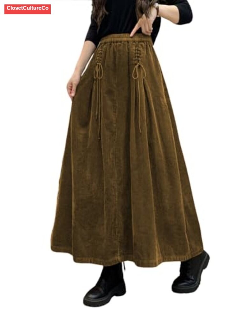 Corduroy Maxi Skirt High Waist A-Line Pleated Long Skirt with Pockets